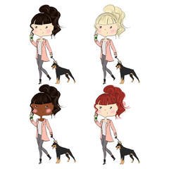 Set Blonde Brunette Red Hair African American Girls With Black Dog Isolated on a White Background Hand Drawn Illustration