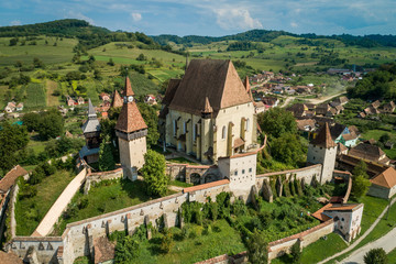 Aerial view of Biertan fortified church in Biertan village, Transylvania, Romania. - obrazy, fototapety, plakaty