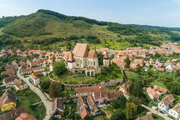 Fototapeta na wymiar Aerial view of Biertan fortified church in Biertan village, Transylvania, Romania.