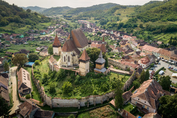 Aerial view of Biertan fortified church in Biertan village, Transylvania, Romania.