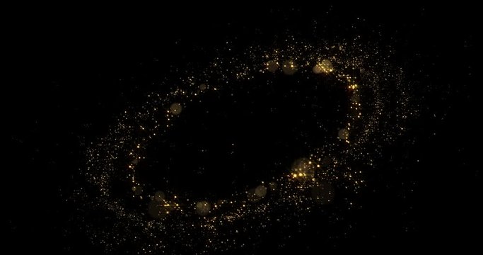 Golden glitter light circle tail, sparkling shine glow oval wave. Gold glittering magic shimmer trail, bright light sparks on black background