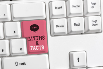 Text sign showing Myths And Facts. Business photo showcasing usually traditional story of...