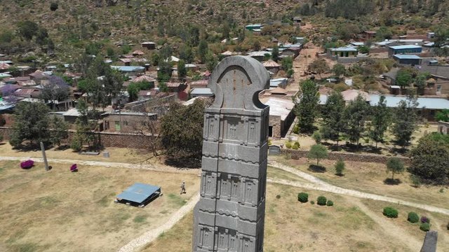 Rotating aerial view of historic obelisk in Axum, Ethiopia
