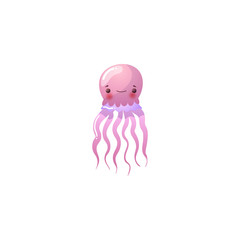 Funny pink jellyfish. Underwater creature. Raster illustration in the flat cartoon style.