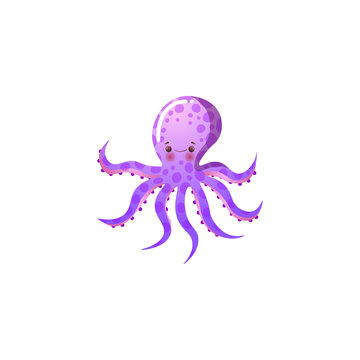 Funny purple octopus. Underwater creature. Raster illustration in the flat cartoon style.