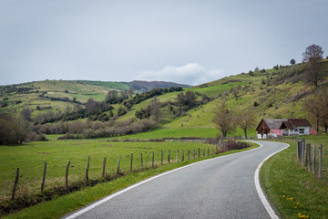 Narrow winding road going near farm cottages and green grassy hills on cloudy day in countryside