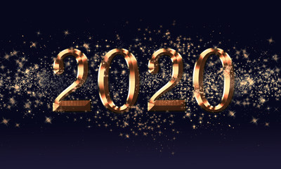 Golden black Christmas or New Year background, inscription 2020 with glitter, snowflakes, stars, bokeh lights on the blue gradient background, raster illustration