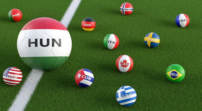 Big Soccer ball in Hungary national colors surrounded by smaller soccer balls in other national colors. 3D Rendering 