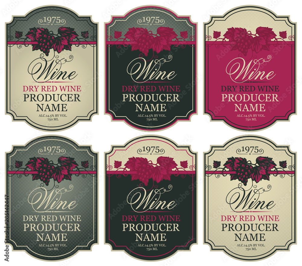 Poster vector set of labels for red wine with bunches of grapes and calligraphic inscriptions in retro styl