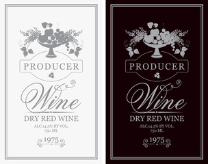 Fototapeta na wymiar Vector set of wine labels with a bowl of fruit, berries and lilac in retro style with calligraphic inscriptions