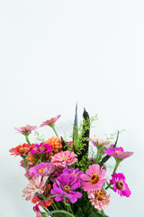 pink daisy flowers and orange ball dahlia flower, colorful summer bouquet in vase, white background