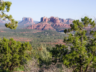 Sedona suburbs in late afternoon seen from distance. Red rock scenery framed by green trees in foreground