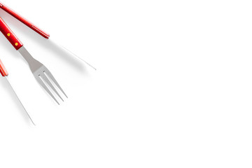 set of used barbecue tools on white background top view mock up