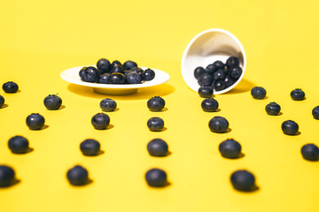 Fresh blueberry and white dishes on yellow background.