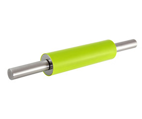 Rolling pin with green silicone coated isolated on white background. It has metal handles. It belongs to the kitchen equipment.
