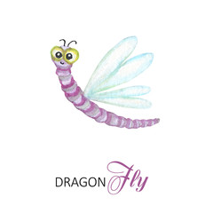 Funny watercolor dragonfly, bright cartoon insects. Greeting card with text. Isolated on white background