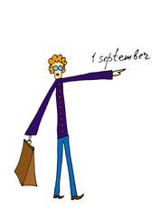 Funny cartoon guy with a briefcase in glasses shows the inscription - September 1. The day school starts.