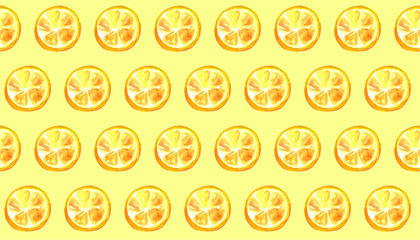 Seamless watercolor pattern with a drink, cocktail with lemon, ice, mojito, smoothies. Fruit lemon, orange. Vintage drawing on white background