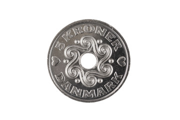 A silver, one Danish krone coin cut out on a clean, white background in isolation.  Shot in close up macro.