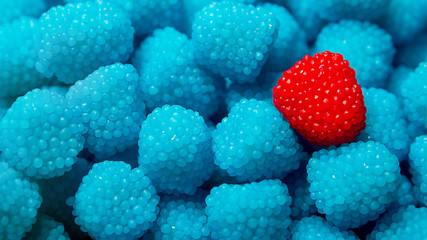 Colorfull candies and gummies. Standing out from crowd, individuality.