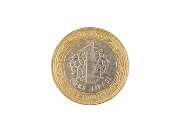 A bimettalic Turkish one lira coin isolated on a white background, shot in close up macro