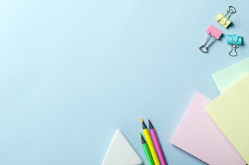 School supplies on the desktop. Top view with copy space.