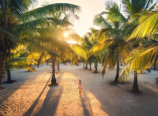 Beautiful young woman is walking in palm alley at sunset. Summer travel. Tropical landscape with slim girl in white lace dress on the sandy beach, green palm trees, orange sunlight. Vacation in Africa