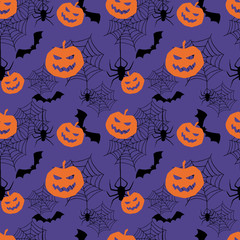 A vector seamless Halloween pattern with orange pumpkins and black bats, spiders and cobwebs.