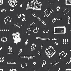 Hand Drawn Doodle Office Supplies Icons Vector Seamless Pattern. Education and Business Design Elements Black and White Background. Back to School