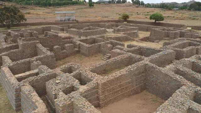 Ascending rotating drone flight of ruins of Dungur Mansion in Aksum, archaeology and historic architecture in Ethiopia Africa