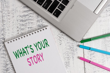 Word writing text What S Is Your Storyquestion. Business photo showcasing analysisner of asking demonstrating about past life events Top trendy metallic laptop blank spiral notepad pens lying wooden