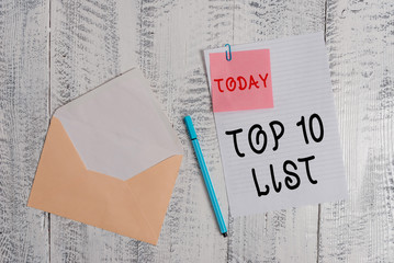 Writing note showing Top 10 List. Business concept for the ten most important or successful items...