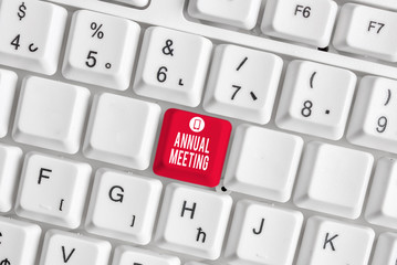 Conceptual hand writing showing Annual Meeting. Concept meaning yearly meeting of the general...