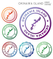 Okinawa Island badge. Colorful polygonal island symbol. Multicolored geometric Okinawa Island logos set. Vector illustration.