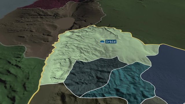 Irbid - province of Jordan with its capital zoomed on the administrative map of the globe. Animation 3D