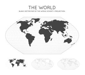 Map of The World. Eckert V projection. Globe with latitude and longitude lines. World map on meridians and parallels background. Vector illustration.