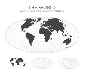 Map of The World. Aitoff projection. Globe with latitude and longitude lines. World map on meridians and parallels background. Vector illustration.