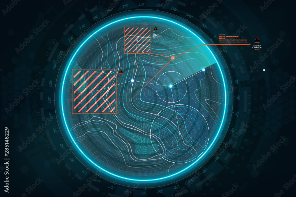 Poster radar screen in hud style. air search gadget in futuristic style. game concept, military search, sys