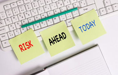Word writing text Risk Ahead. Business photo showcasing A probability or threat of damage, injury,...
