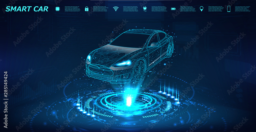 Poster Smart car isometric banner with icons and text. Abstract project of a smart or intelligent car in the form of a starry sky or space. X-ray hologram in HUD style. 3D Electric machine. IOT auto. Vector