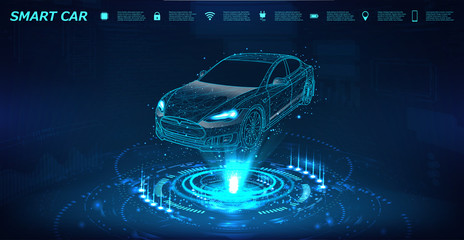 Smart car isometric banner with icons and text. Abstract project of a smart or intelligent car in the form of a starry sky or space. X-ray hologram in HUD style. 3D Electric machine. IOT auto. Vector