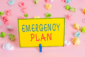 Word writing text Emergency Plan. Business photo showcasing procedures for handling sudden or unexpected situations Colored crumpled papers empty reminder pink floor background clothespin