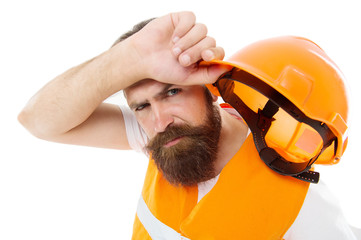 Construction industry. Bearded brutal hipster safety engineer. Engineering career concept....
