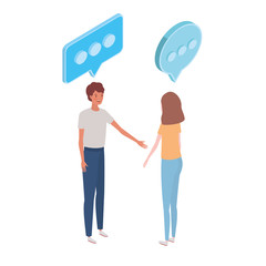 couple of people standing with speech bubble on white background