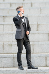 Nice to hear you. Man manager phone conversation. Guy with smartphone call friend. Mobile call...