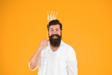 Handsome bearded guy king. King of party. Costume party. Holiday carnival celebration. Birthday...