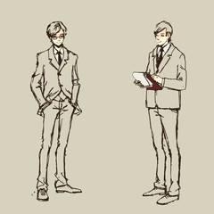 Fashion man, businessman in suit, student. Vector hand-drawn sketch.