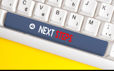Word writing text Next Steps. Business photo showcasing something you do or plan after you ve finished something else White pc keyboard with empty note paper above white background key copy space