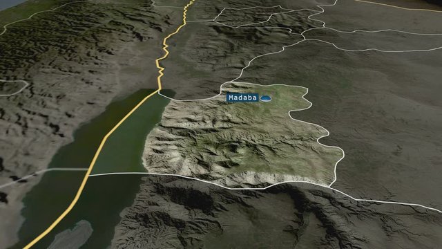 Madaba - province of Jordan with its capital zoomed on the satellite map of the globe. Animation 3D