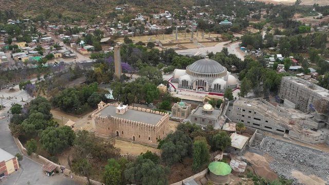 Tilting aerial view of Church of our Lady Mary of Zion, an important place of worship in Aksum city in Ethiopia